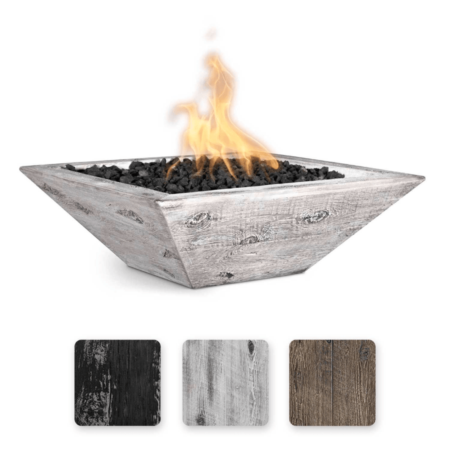 The Outdoor Plus Maya GFRC 24" Wood Grain Concrete Square Match Lit Fire Bowl OPT-24RWGFO outdoor kitchen empire