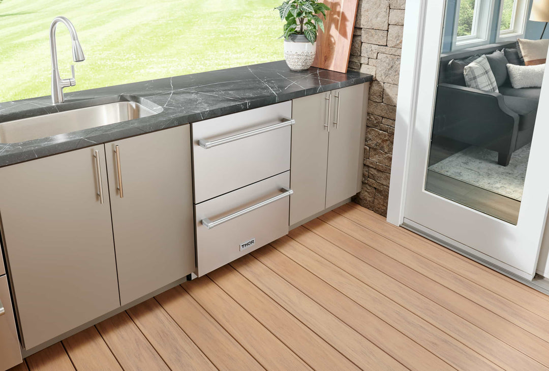 Thor Kitchen 24-Inch 5.4 cu. ft. Built-in Indoor/Outdoor Undercounter Double Drawer Refrigerator in Stainless Steel (TRF24U) outdoor kitchen empire